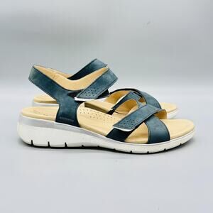 Mephisto Sandals Womens 11 Blue Leather Strappy Wedge Hook & Loop Comfort Shoes